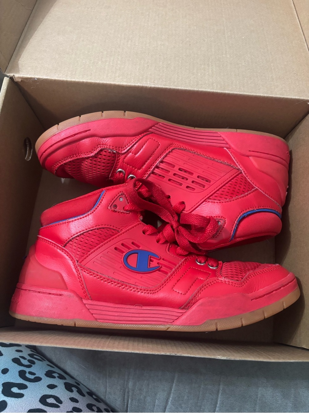 Champion Red High-Top Sneakers with Blue Logo Accent